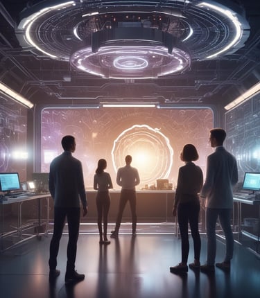 A diverse team of engineers collaborating over laptops in a bright, modern office space.