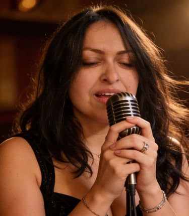 Female jazz singer performing with a vintage silver microphone at a dimly lit live music venue.