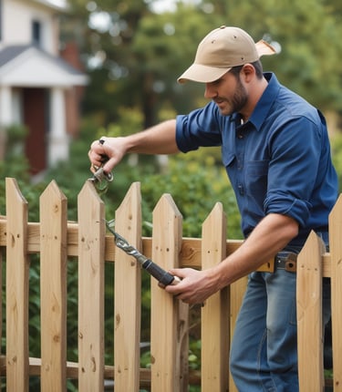 A person is standing in front of a building with the number 49, cleaning or fixing something near a window. The building has a staircase visible through an open door, and a large tree is nearby. The environment looks urban and residential.