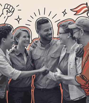 Image de travailleurs en vêtements de tous les jours accueillant chaleureusement un nouveau membre dans leur syndicat,