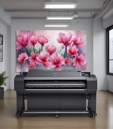 Printing machines and colorful printed materials in a workshop.