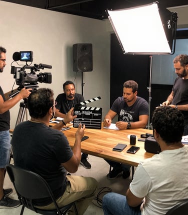 A group of people is engaged in a video production setting. Two individuals in the foreground are seated; one of them is wearing a headset and holding a device with various buttons, the other appears to be observing. In the background, three other people are standing, with one person looking at a video camera setup on a tripod. The room has futuristic, minimalist decor with white walls and a large, circular light fixture on the ceiling.