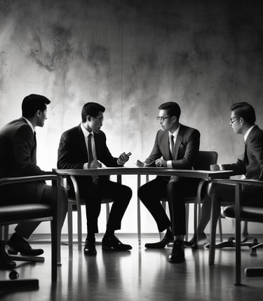 Four men in business attire are engaged in a discussion around a table. One man appears to be explaining something while pointing at some documents in front of them. The others are listening attentively, and one holds a pen and a mobile device. The setting is a plain office environment.