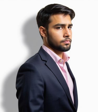 Image of Danish wearing a navy pinstriped suit with a pale pink dress shirt