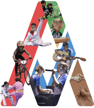 Crianças representando as áreas de esporte, música e educação em um logotipo geométrico da Aprove Pr