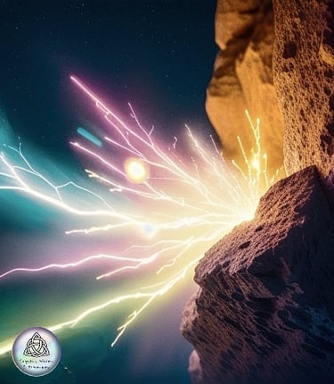 a rock with a bright light shining through the sky everything is vibrations