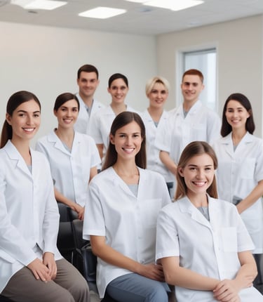 A group of smiling professionals in a modern clinic setting.