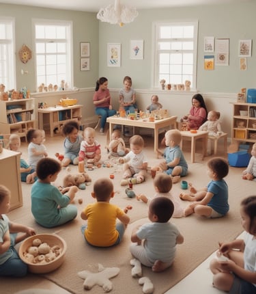 A group of women wearing casual clothing are engaging with children in a colorful room. The walls are painted with bright circles and letters. Some of the women are seated, serving food or interacting with the children, while one stands using a phone. The children are sitting or kneeling on the floor, holding bowls and cups.