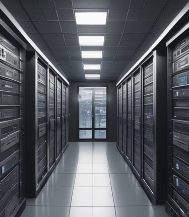 A white mask with distinct black features is placed on an open server tray in a data center or server room. The server is equipped with various LED indicators and network ports, suggesting an active setup.