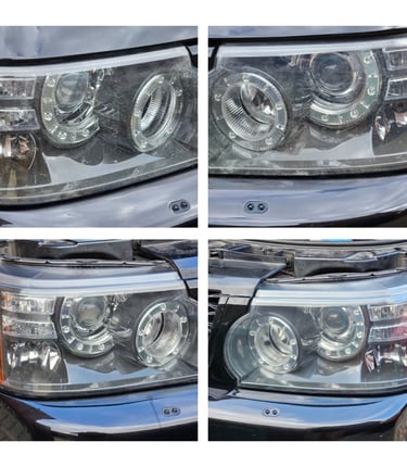Close-up views of Range Rover headlights showcasing LED accents and dual projector lenses, captured 