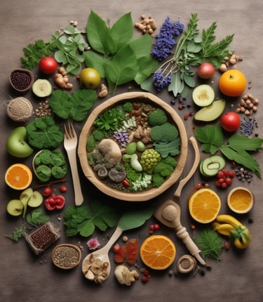 The image features the word 'NATURAL' spelled out with Scrabble tiles placed on top of a background filled with colorful illustrations and text about herbal remedies. The background contains drawings of plants like lavender and other herbs, alongside descriptions of their benefits, such as calming, uplifting, and treating various ailments.