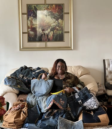 Denim Conversion Founder with handmade denim bags