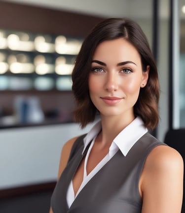 A person posing against a plain background, dressed in a formal black blazer. The individual has neatly styled dark hair with an elegant updo and wears red lipstick, adding a touch of sophistication. The expression is poised and confident.