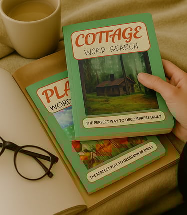 Cozy scene with Debas Direct word search puzzle books, coffee cup, and reading glasses