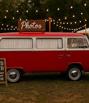 Cute Red VW Bus photo booth at wedding Old Skool Photo Booth