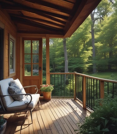 A peaceful mountain lodge surrounded by lush greenery under a clear sky.