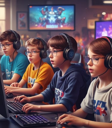 A group of young children wearing uniforms stand outdoors near a brick building and chain-link fence. Some children are playing, while adults and older children are wearing casual clothing. A tree and various toys are visible in the background.