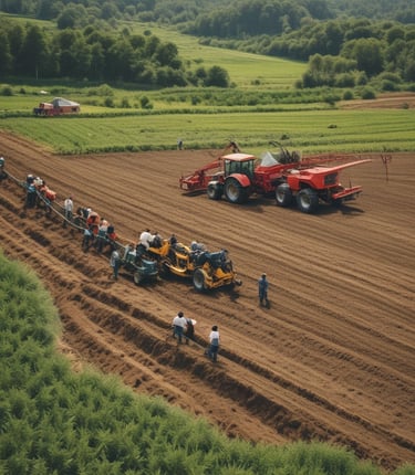 A rural landscape featuring a field of ripe crops with a large tree in the foreground. In the middle ground, workers operate a red tractor near a haystack, while mountains rise in the background under a partly cloudy sky.