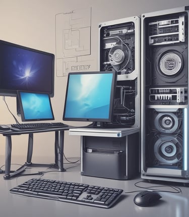 A sign for 'Shallom Komputer' is displayed prominently on the facade of a building, surrounded by lush green trees. The sign offers information about services related to hardware, software, networking, and accessories. The building features several rectangular windows and air conditioning units.