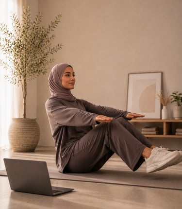 Femme musulmane réalisant une séance de coaching sportif en ligne à domicile, sur PC