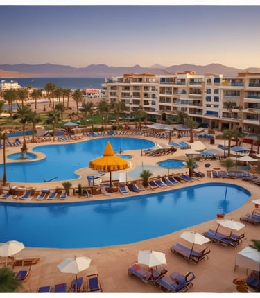 A stunning beachfront villa overlooking the crystal-clear Red Sea under a bright blue sky.