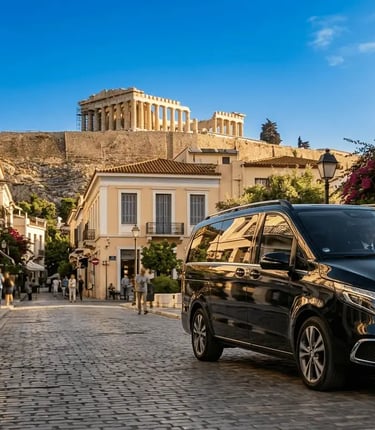 private Athens transfers Black Mercedes-Benz Vito minivan parked near Acropolis on elegant traditional street  Athens GO