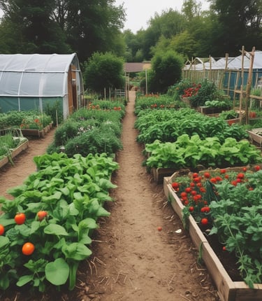 Children planting vegetables in a sunny, green allotment surrounded by wildlife habitats.
