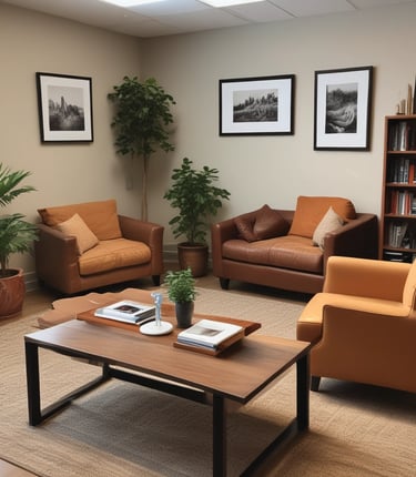 A warm, inviting therapy room with soft lighting and comfortable chairs arranged for conversation.