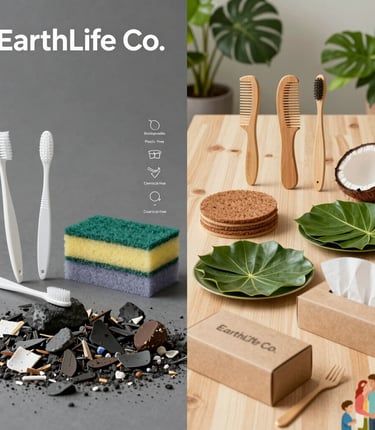 Close-up of bamboo facial tissues, neem wood comb, and coconut coir scrub pad arranged on a natural fabric background.