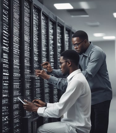 A team of IT professionals collaborating over laptops in a modern office space.