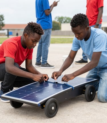 A bright, cozy classroom with a small group of engaged students and a passionate teacher guiding them.