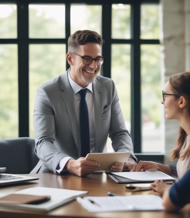 A smiling financial consultant meeting with a family in a cozy, sunlit living room.