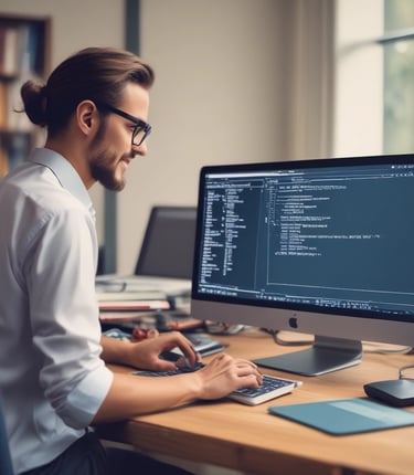 A modern classroom setting with students engaging on laptops guided by a trainer.