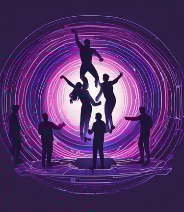 A sleek, modern workspace with blue to purple gradient lighting reflecting the digital media vibe of SuperQDeals LLC.