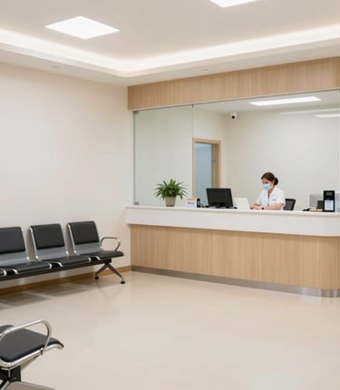 A bright, welcoming reception area of Grebbestads vårdcentral with white walls and marine blue accents.