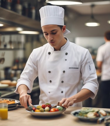 Young professional working on a laptop in a vibrant international city setting.