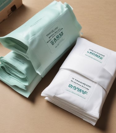 A clean, modern hotel bathroom with Royal Hygiene Intl branded wet wipes and hygiene products neatly arranged.