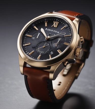 Close-up of a sleek luxury wristwatch with gold accents against a dark background.