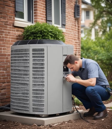 Technician inspecting an air conditioning unit outside a cozy neighborhood home on a sunny day.