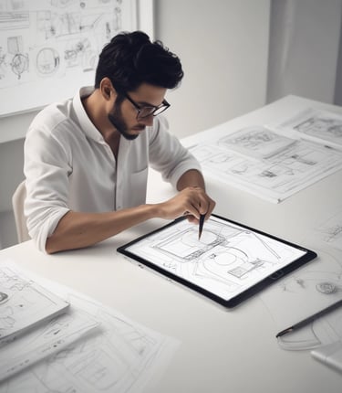A sleek workspace showing a designer sketching on a tablet with AI-generated design variations displayed on a large monitor.