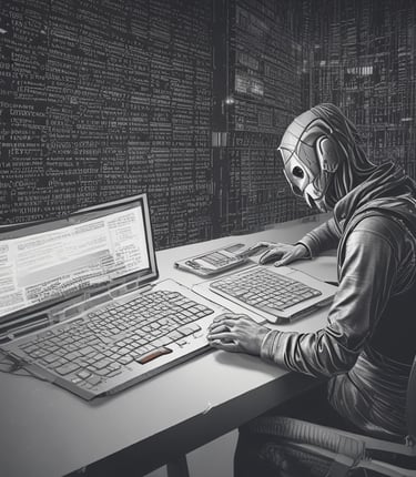 A focused student working on cybersecurity code with dark blue and orange themed interface.