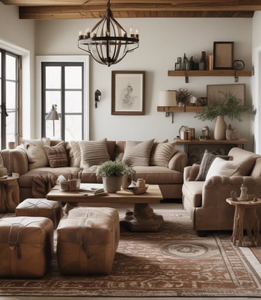 A stylish woman in a sunlit, neutral-toned living room surrounded by cozy decor and soft textiles.