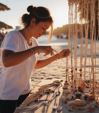 Artesana elaborando joyería boho y piezas de macramé en un taller al aire libre frente al mar.