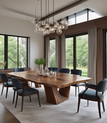 a dining room table with a wooden table and chairs