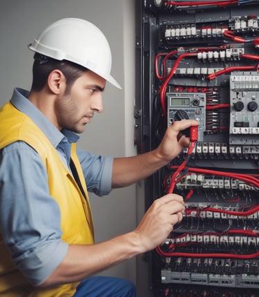 Electricians working on electrical wiring inside a residential building, wearing safety gear.