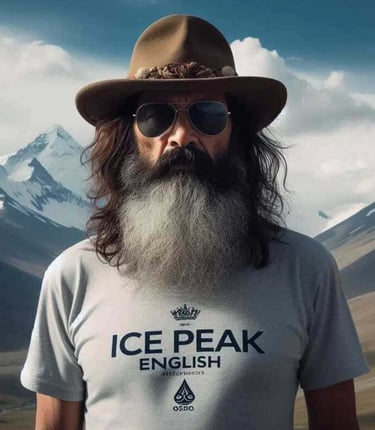 Hombre con barba, sombrero y usando una camiseta de Ice Peak, con montañas nevadas al fondo.