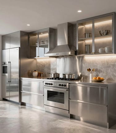 A skilled technician installing stainless steel kitchen equipment in a modern commercial kitchen space.
