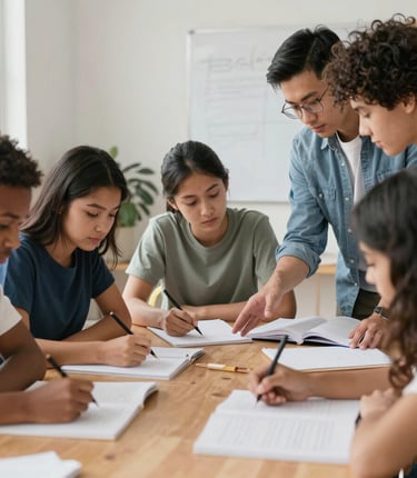 A smiling tutor helping a small group of students with homework in a cozy classroom.