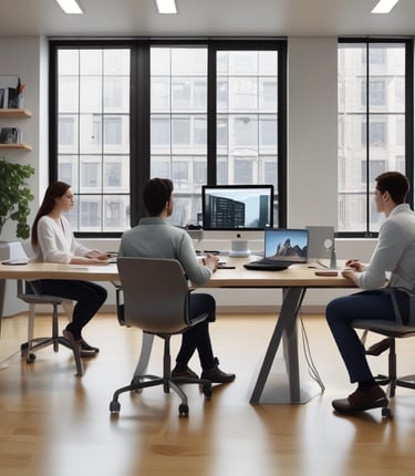 Modern and dynamic advertising office with colorful branding and event materials around.