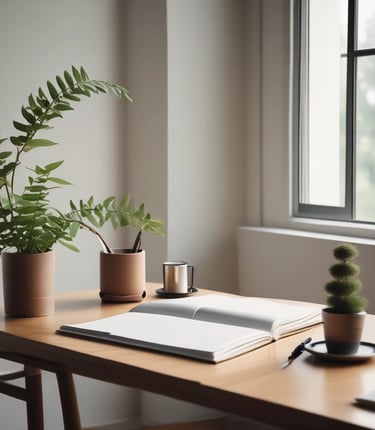 A calm, minimalist workspace with a laptop open to a video call, soft natural light streaming in.